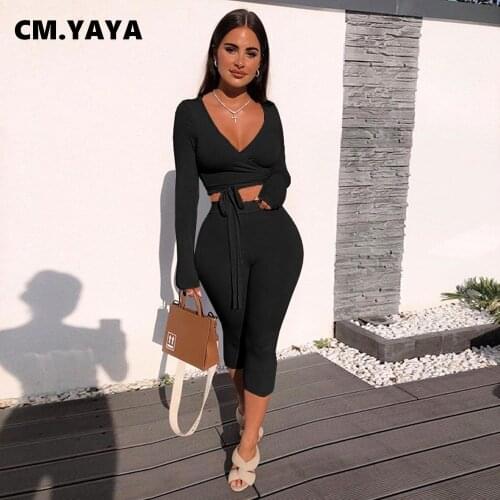 CM.YAYA Women Set Solid Full Sleeve V-neck Bandage Crop Top Mid Waist Skinny Elastic Calf Length Pants 2 Piece Set Summer Outfit