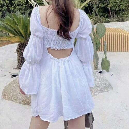 2021 Summer Vintage Hollow Out Backless Flare Sleeve Women Dress Ruched Square Collar Slim Waist Mini Dresses Holiday Robe