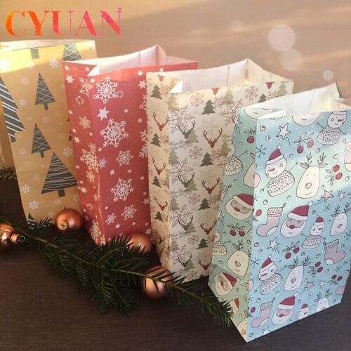 CYUAN 24pcs Merry Christmas Kraft Paper Bags Snowman Snowflake Christmas Tree Candy Packing Gift Bags Xmas Decoration Supplies