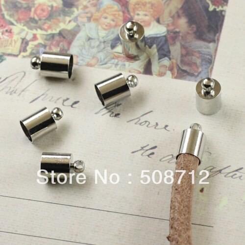 Free shipping!!!!!500pcs/lot nickel Finish Cylinder with Loop Cord Brass End Caps Fit 5mm Round Leather Cord