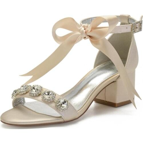 Elegant Lady Satin Dress Shoes Block Chick Heels Crystal Sandals Ribbon Bow Ankle Strap Big Stone Bridal Wedding Party Prom shoe
