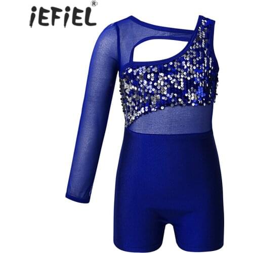 Kids Girls One Mesh Net yarn through meat Sleeved Shiny Sequins Cutout Ballet tights Dance Gymnastics Leotard Jumpsuit Unitard