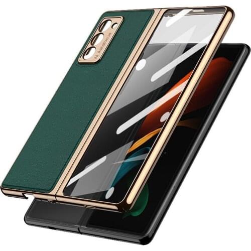 For Samsung Galaxy Z Fold 2 Mobile Phone Cover Pu All-inclusive Anti-drop Screen Protector Tempered Folding Glass Case Leat O8K2