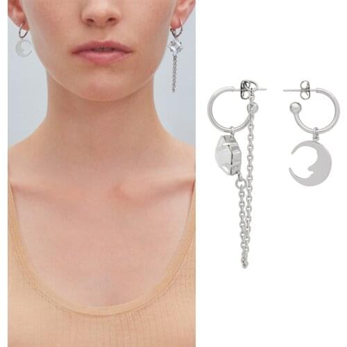 European and American INS jewelry C-shaped earrings asymmetrical moon inlaid crystal tassel pendant earrings female earrings