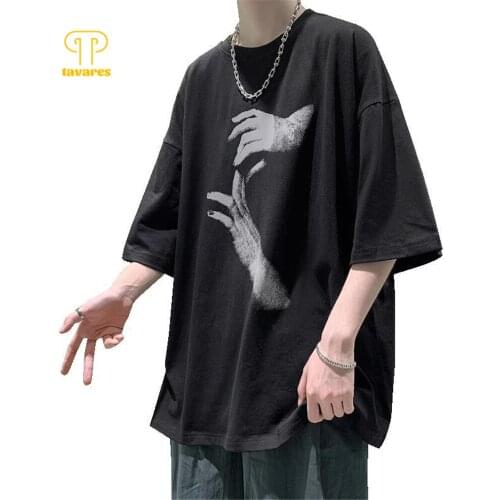 TAVARES Men Short Sleeve Hands T-Shirts Summer Casual Cotton Tees Oversized Streetwear Harajuku Top Vintage Tee Gothic T-Shirt