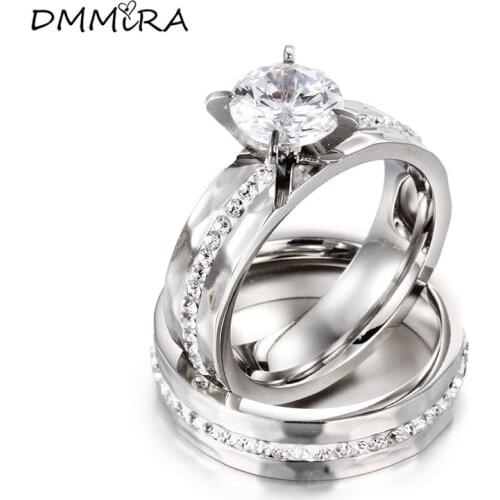 Hot Sale Fashion Women Men Lovers Color Gold Stainless Steel Girls Angel Round White Zircon Engagement Wedding Rings Jewelry