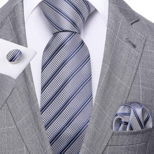 Fashion Silver Striped Men Tie Set 8.5cm Silk Jacquard Neckties Wedding Business Handkerchief Cufflink Tie Barry.Wang FA-5322