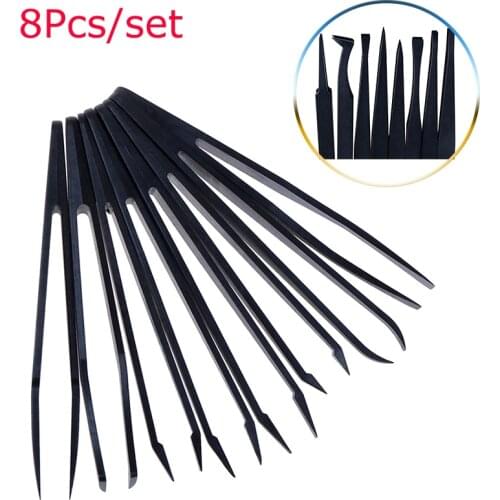 8pcs Anti-static Carbon fiber Electronic Tweezers Kit ESD Plastic Forceps PCB Repair Hand Tools Set