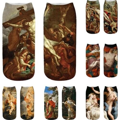 New Fashion 3D Printed Women Cotton Socks Retro Harajuku Art Oil Painting Stitching Pattern Men Happy Unisex Low Ankle Socks