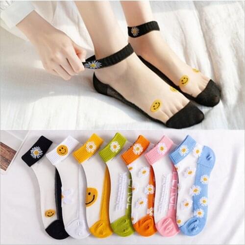 New Summer Thin Stockings Women Korean Socks Shallow Mouth Transparent Cute Daisy Socks Women