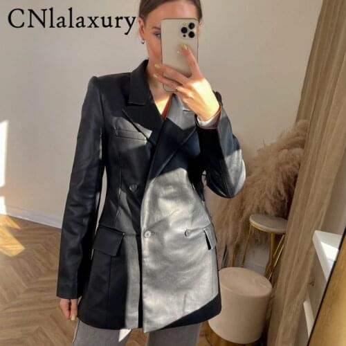 ZA Autumn New Leather Blazer Jacket 2021 Women Spring PU Single Button Coat Fit Waist Motorcycle Fashion Jackets Street Outwear