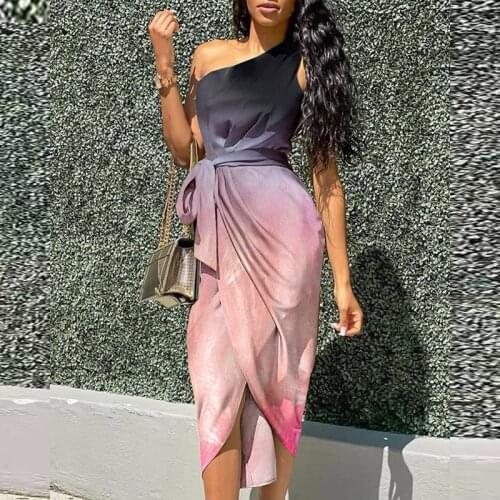 Women Elegant Printed Sexy Off Shoulder Party Dress Fashion Irregular Split Dresses Office Lady Temperament Chic Dress OL Mujer