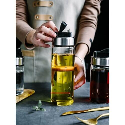 Nordic Style Transparent Glass Oil Bottle with Handle Scale Heat-resistant Lecythus Kitchen Tools Soy Vinegar Sauce Container