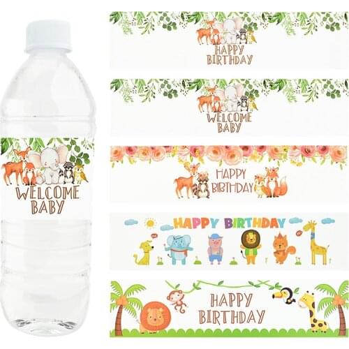 Happy Birthday Jungle Safari Water Bottle Label Flower Animal Welcome Baby Water Bottle Wrappers For Baby Shower Birtrhday Decor