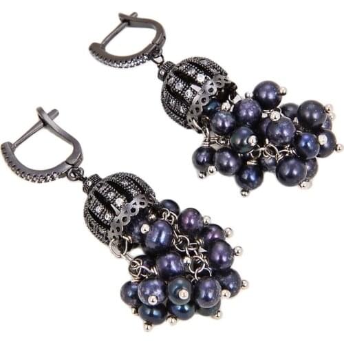 JK Natural Peacock Black Freshwater Pearl Earrings CZ Pave Lever back
