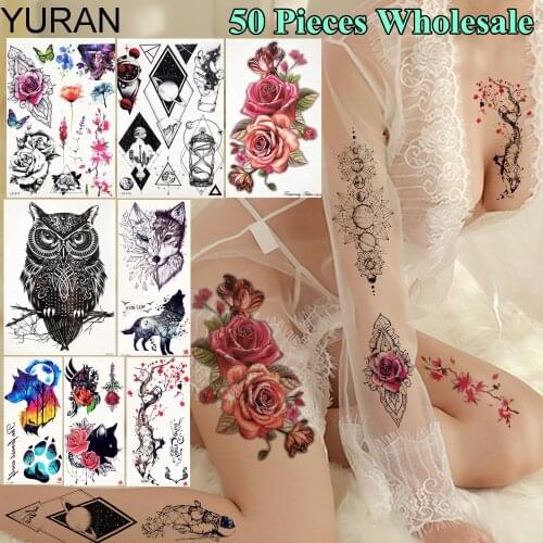 YURAN 50 Pieces Wholesale Flash Body Art Tattoo Temporary Watercolor Flower Wolf Tatoo For Men Women Arm Leg Fake Tattoo Sticker