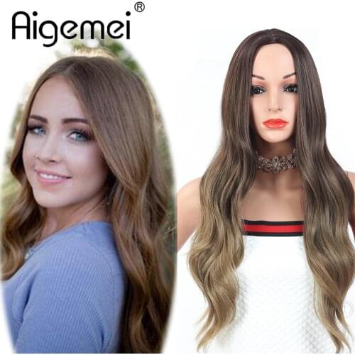 Aigemei Long Body Wave Synthetic Wigs For Women High Temperature Heat Resistant Fiber Ombre Color Cosplay Daily Wig For Girls