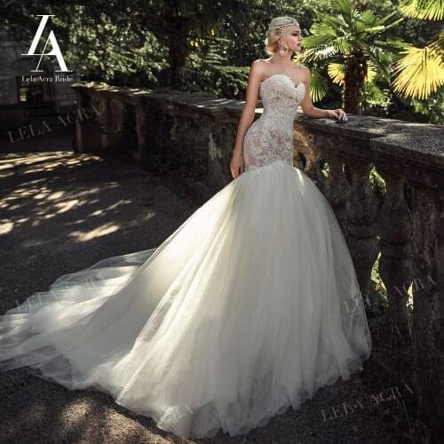 Vintage Lace Mermaid Wedding Dress Strapless Appliques Princess Lace Up Bridal Gown Court Train LelaAcra ER11 Vestido De Noiva