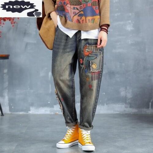 Vintage Women Cartoon Spliced Embroidery Female Long Elastic Waist Denim Harem Pants Retro Casual Loose Fit Jeans Trousers