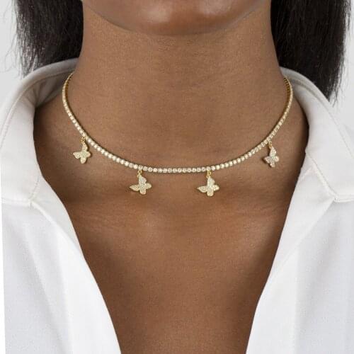 High Quality Fashion Jewelry 5A Cubic Zirconia Thin CZ 2mm Tennis Chain Mini Dangling Butterfly Pendant Necklace Choker 35+10cm