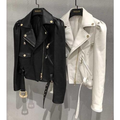 Sheepskin Women 2021 Autumn Jacket Puff Sleeve Zipper Belt Short Coat Black White Bomber Genuine Leather Outwear