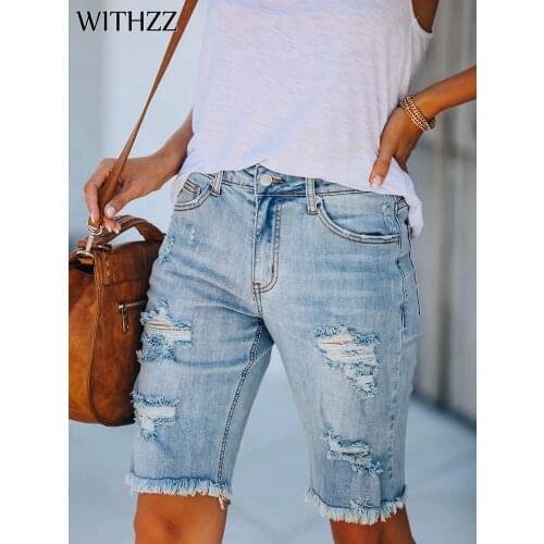 WITHZZ Summer Women High-rise Hole Ripped Jeans Female Casual Denim Shorts