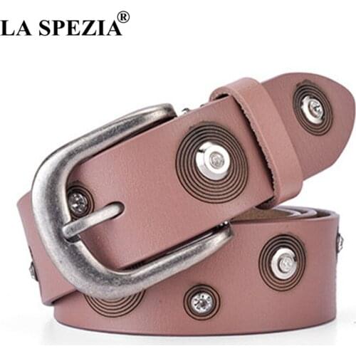 LA SPEZIA Women Rhinestone Belts Fashion Pink Real Leather Belt Female Rivet Decorate Genuine Cow Leather Ladies Pin Belt 110cm