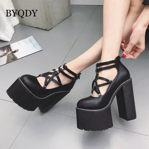 BYQDY High Heels Woman Pumps Platform Buckle Strap Woman Shoes Black Gothic College Student Cosplay Costume Round Toe Footwear