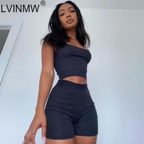 LVINMW Short Sets Square Collar Sleeveless Basic Tank Elastic High Waist Shorts Solid Casual Sports Fit Chic Two Piece Set Women