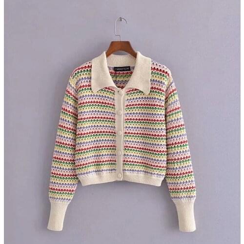Za Women Retro Stripe Stitching Hollowed Out O-neck Knitted Cardigan Short Top Vintage Sweater XITIMEAO