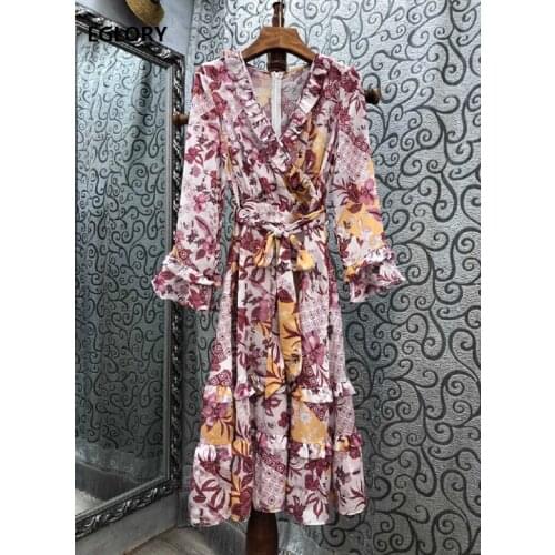 2020 Autumn Fashion Silk Dress High Quality Women V-Neck Geometric Print Ruffle Flower Patchwork 3/4 Sleeve Mid-Calf Dress Tunic