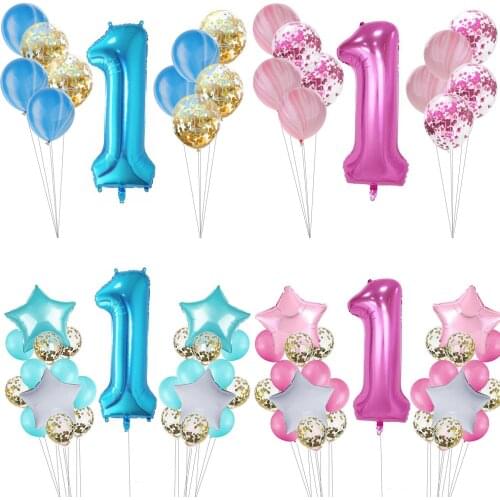 1set Agate Color Baby Boy Girl First Birthday 1 Year Old Round Latex Confetti Foil Balloon Baby Birthday Party Baby Shower Decor
