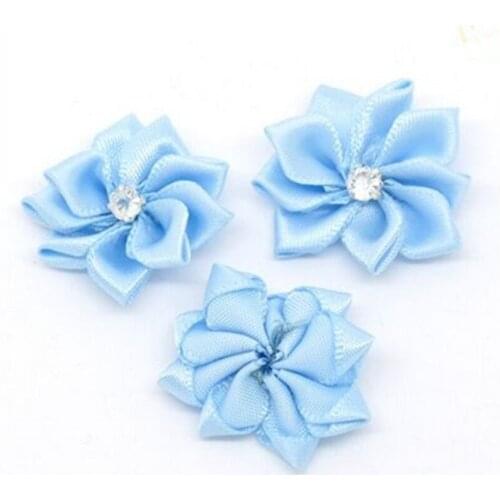20Pcs Ribbon Flower Wedding Party Clothes Light Blue Clear Rhinestone Decorative Scrapbook Making 30mm