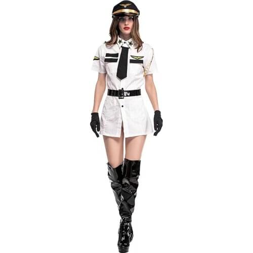 White Female Pilot Flight Attendant Uniforms Women Halloween Stewardess Air Hostess Costumes Cosplay Carnival Purim Party Dress
