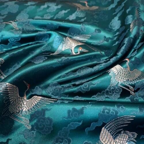 CF926 Green Blue The Crane Jacquard Chinese Silky Brocade Stain Fabric Decoration Cloth/Tablecloth/Pillow/Qipao Clothing Fabrics