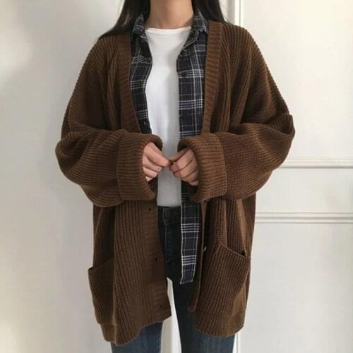 Loose V-Neck Knitted Womens Sweater Single-Breasted Button Cardigan Women Sweater Korean Style Casual Long Sleeve Top Woman