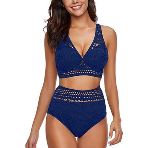Womens Two Pieces Crochet Lace Trim Bikini Retro High Waist Swimsuit V Neck Push Up Hollow Beach Swimming Suit Sexy Biquinis