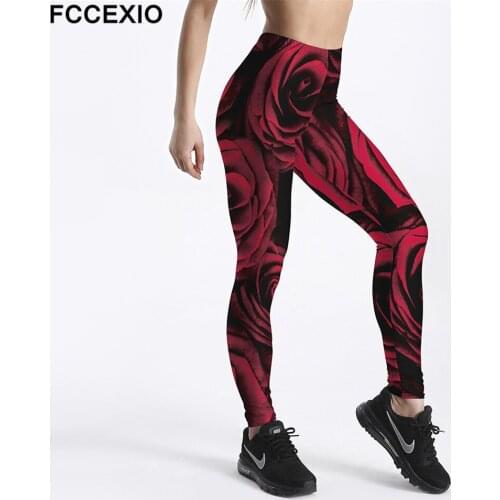 FCCEXIO New Print Red Roses Leggings Gothic Sexy Plus Size High Waist Push Up Workout Leggings Women Fitness Pants Leggins Mujer