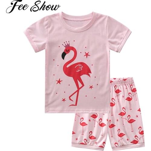 Summer Girls Pajamas Set Toddler Kids Cartoon Flamingo Sleepwear Shorts Suits Children Cotton Casual Homewear Tracksuit Outfits