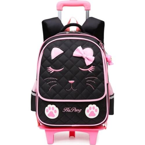Cute Cats Trolley School Bags For Girls Cartoon Children Backpack With Wheels Waterproof Removable Mochila Infantil Bolsa