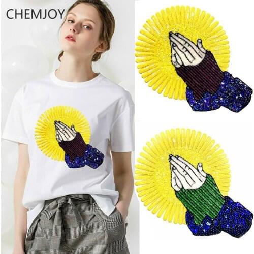 Pray Hands Ironing on Large Sequins Patch for Clothing DIY Sew Sequined Appliques Cute Woman Clothes Sticker Hippie Patch