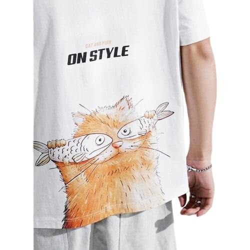 Mens T-sleeve 2021 Summer New Round Neck Cotton Cat Print Loose Short Sleeve T-shirt