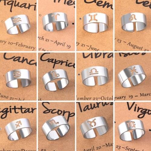 Fashion Constellation Horoscope Men Ring Stainless Steel Hollow 12 Zodiac Sign Open Finger Rings With Card Hip Hop Jewelry