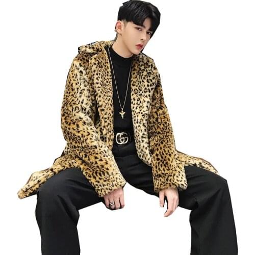 New winter leopard print warm fur coat leather jacket mens coat fleece autumn and winter warm coat