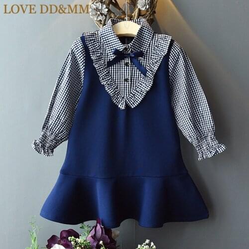 LOVE DD&MM Girls Dresses 2021 Autumn New Childrens Clothing Girls Fashion Long-Sleeved Plaid Stitching Ruffle Bow Dress
