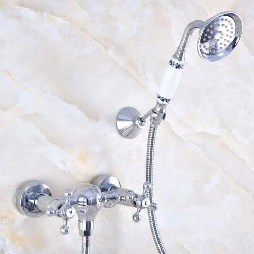 Polished Chrome Brass Wall Mounted Bathroom Hand Held Shower Head Faucet Set Mixer Tap Dual Cross Handles mna768