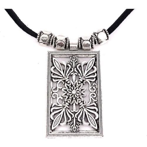 Antique Vintage Long Rope Chain Necklace Alloy Square flower Pendants Neckless Cord Jewelry Accessories