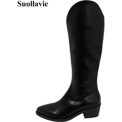 Suollavie Autumn Simple Boot Womens Popular Female Botas Mid-Calf New Zipper 2020 Shoes for Ladies Hot Solid Chunky low Heels
