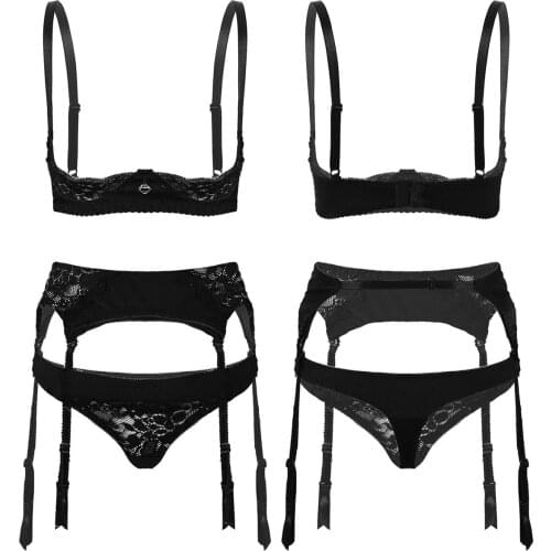 Womens Female Erotic Lingerie Set Lace Trim Lingerie Set 1/4 Underwired Cups Bra Top with Garter Belt and Thong Briefs Underwear