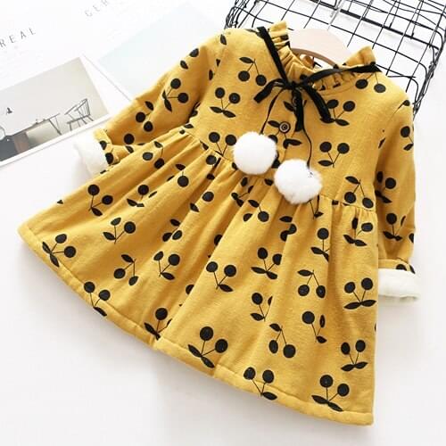 Baby Girl winter cherry printed dress 2017 girls kids winter cotton long sleeved princess dresses Cashmere warm Clothes